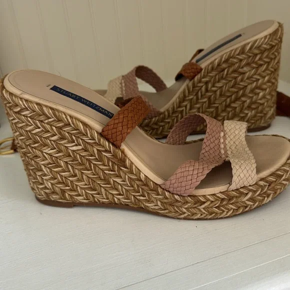 Stuart Weitzman Elsie Woven Wedges/3 tone cream/brown/beige/Braided accent/jute. - Picture 8 of 10